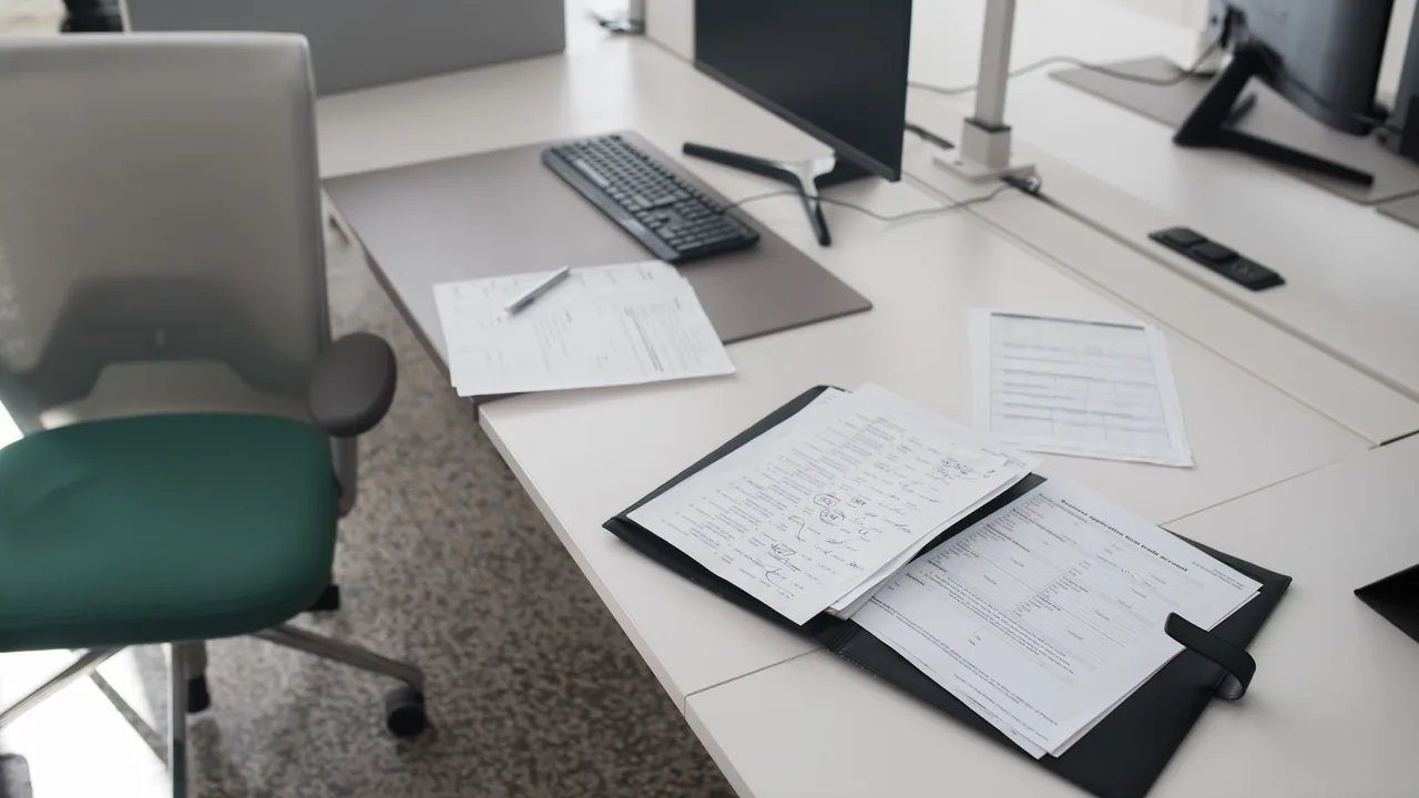 Mesa de despacho con documentos contables ordenados y calculadora
